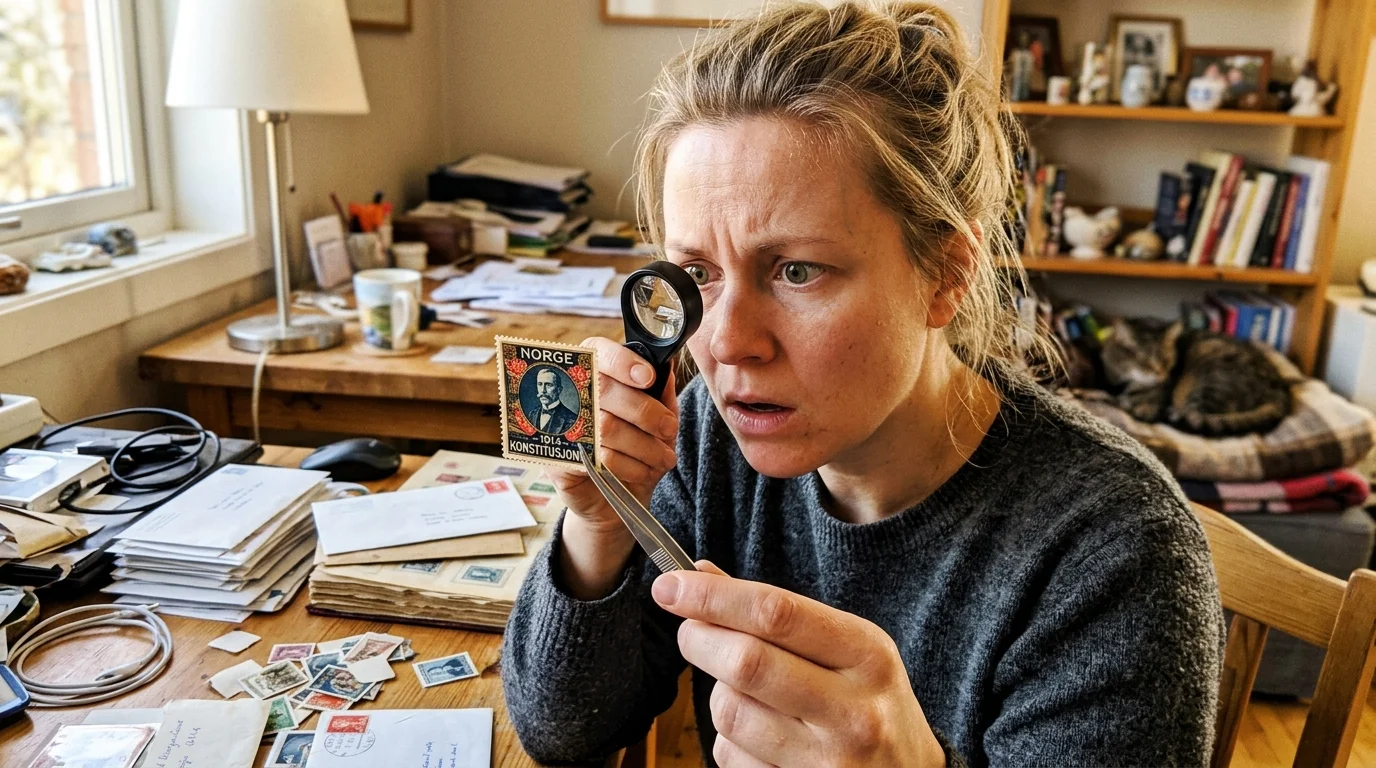 Magnifying glass over a collection of USPS commemorative stamps to determine if they are worth anything