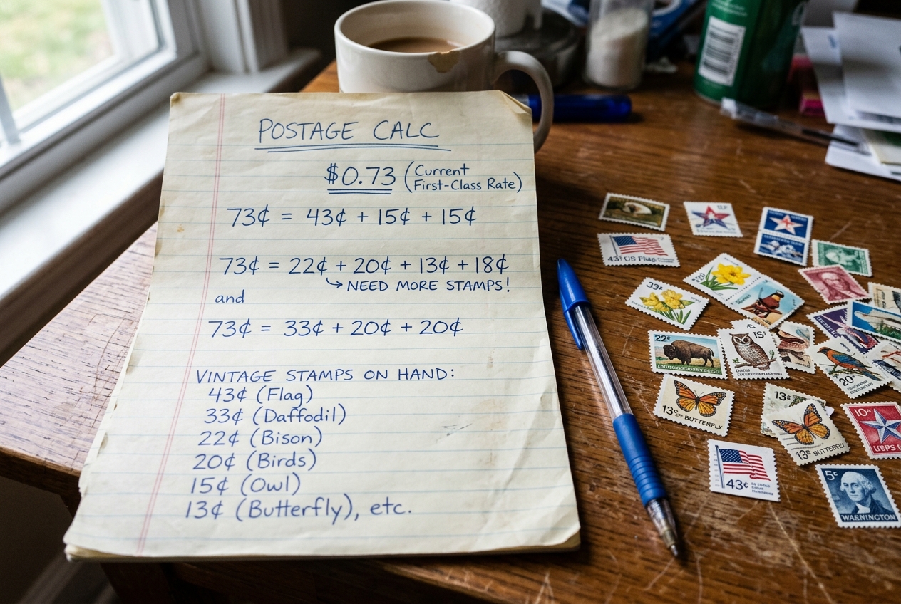 Chart showing how to combine older stamp denominations to meet current USPS postage rates.