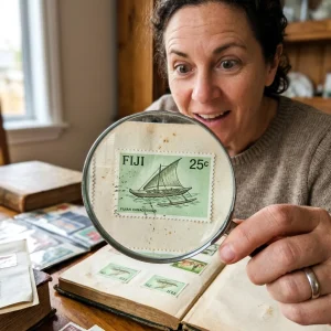 A vintage Fiji 25c old stamp being examined with a magnifying glass for appraisal