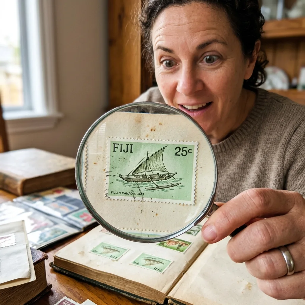 A vintage Fiji 25c old stamp being examined with a magnifying glass for appraisal