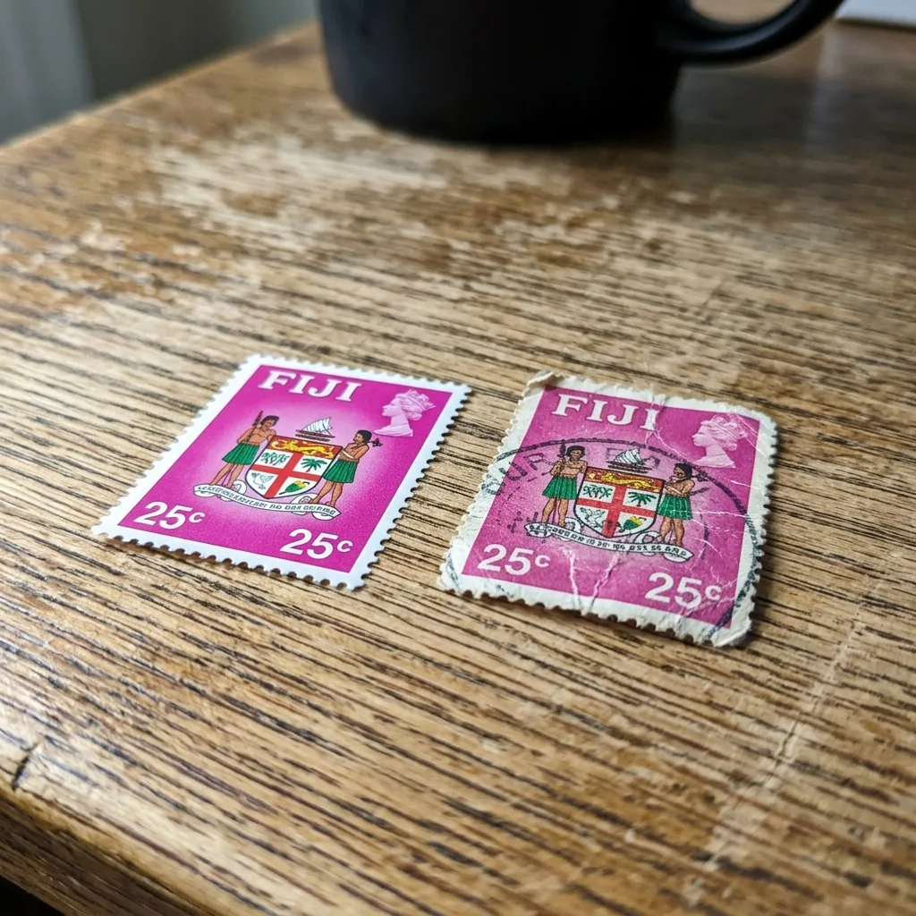 Comparing a used and a mint condition Fiji 25c stamp
