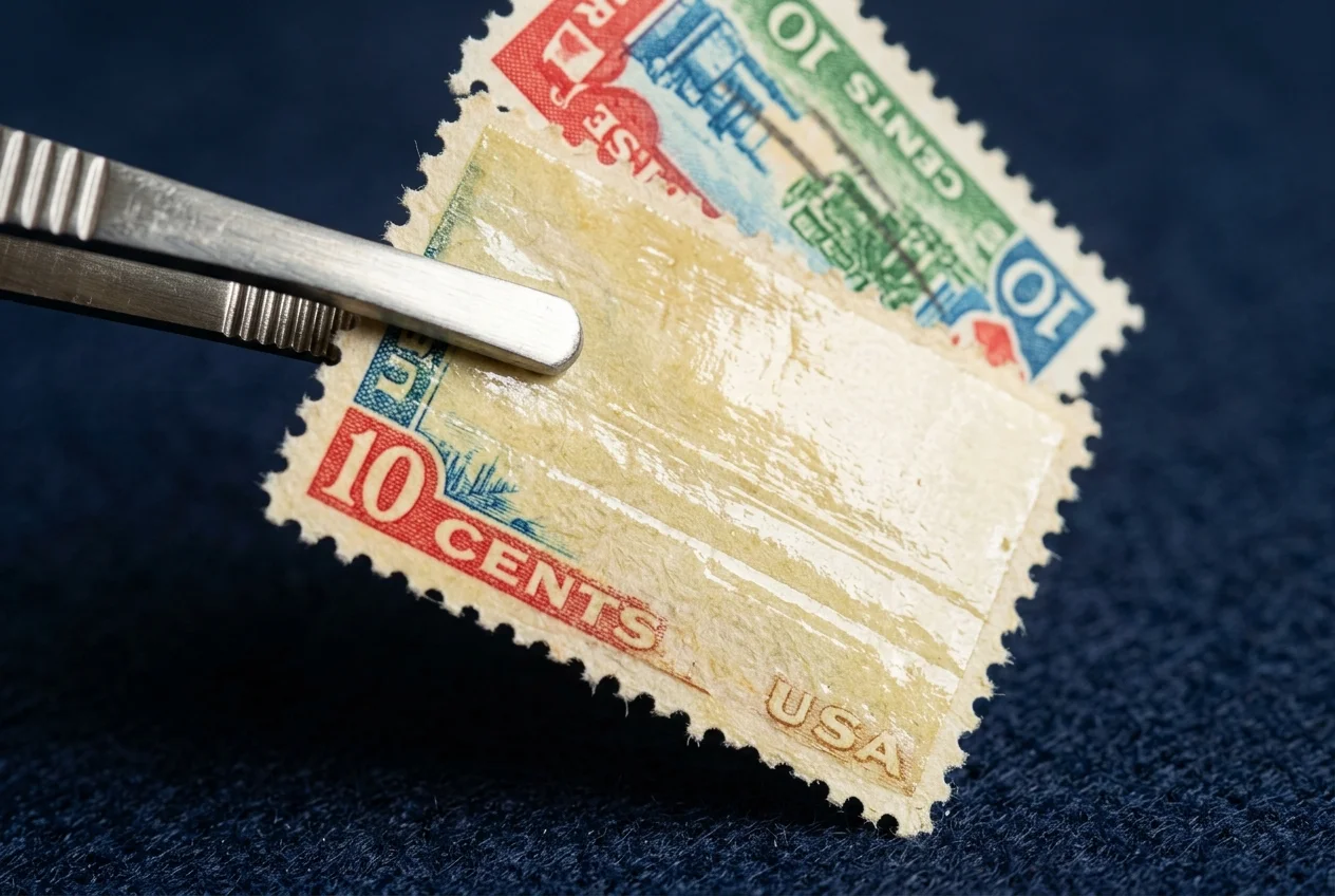 Close up of an old commemorative stamp showing mint condition and original gum