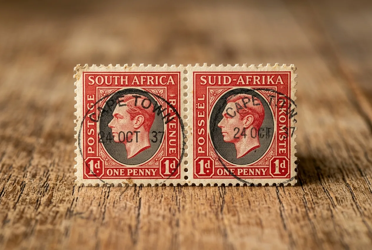 Close up of a King George VI bilingual pair stamp highlighting condition factors
