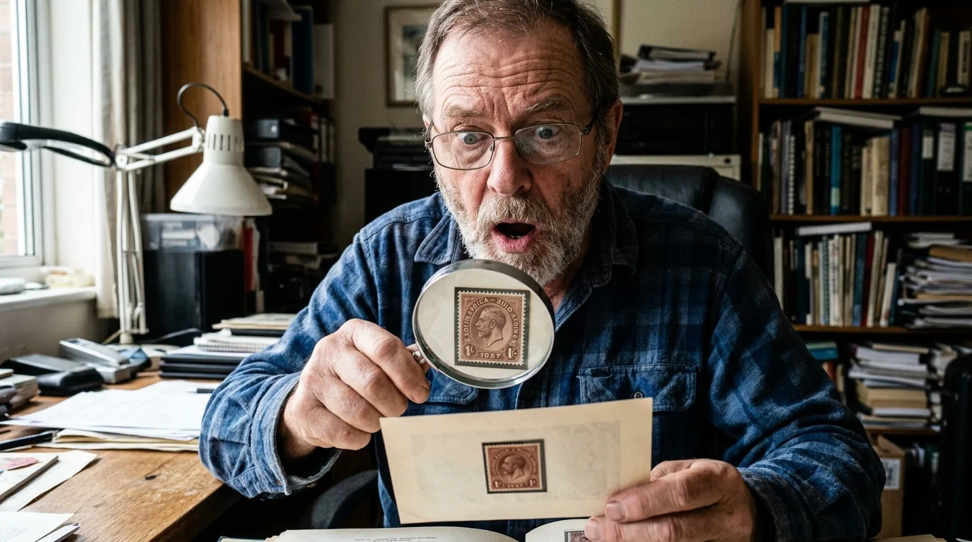 A magnifying glass inspecting the value of a rare South African stamp collection