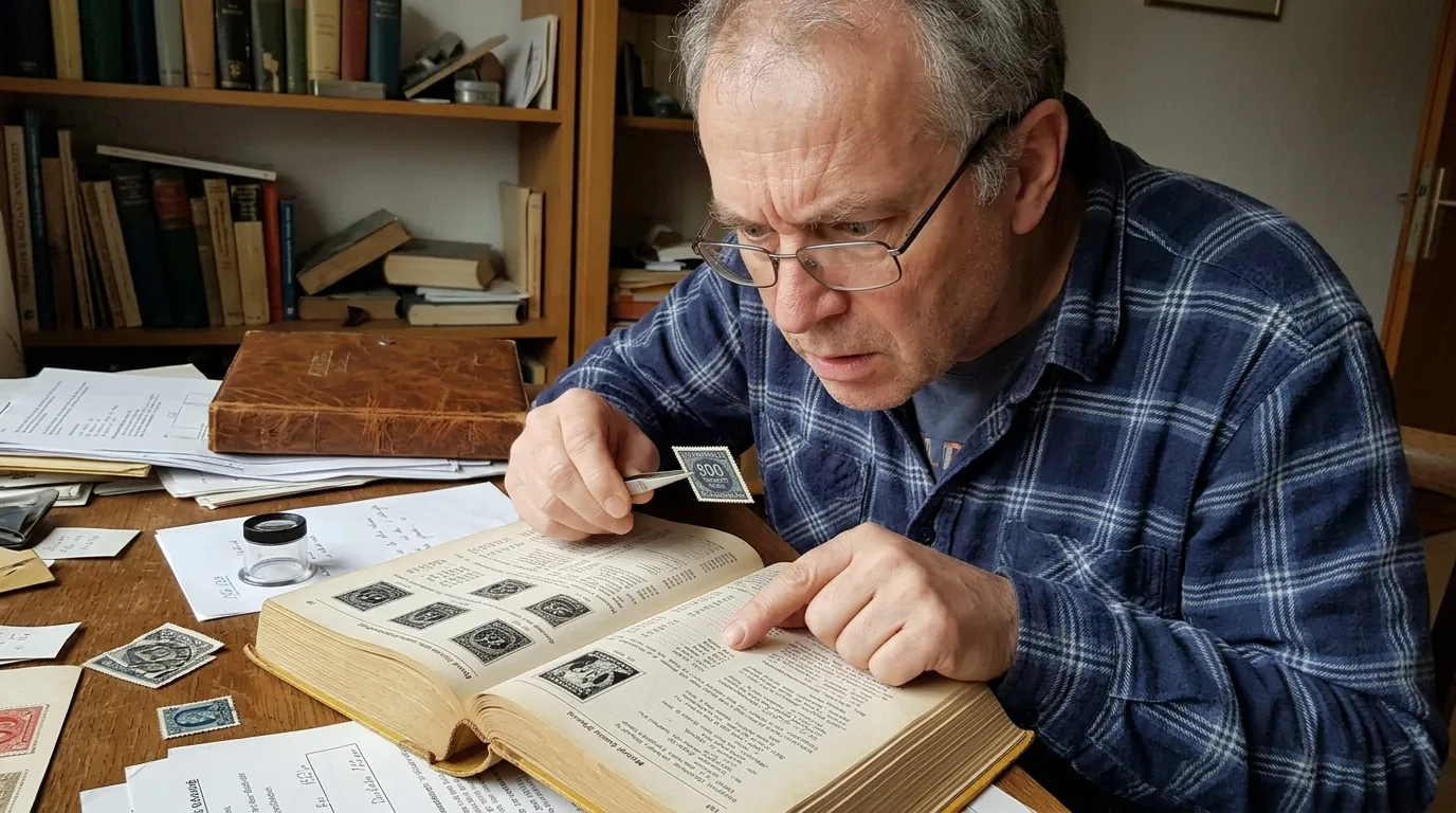 A collector examining a 1923 hyperinflation German stamp using the Michel Catalogue.