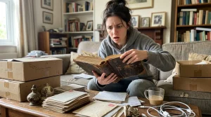 Person examining an old stamp album looking for where to get rid of it locally