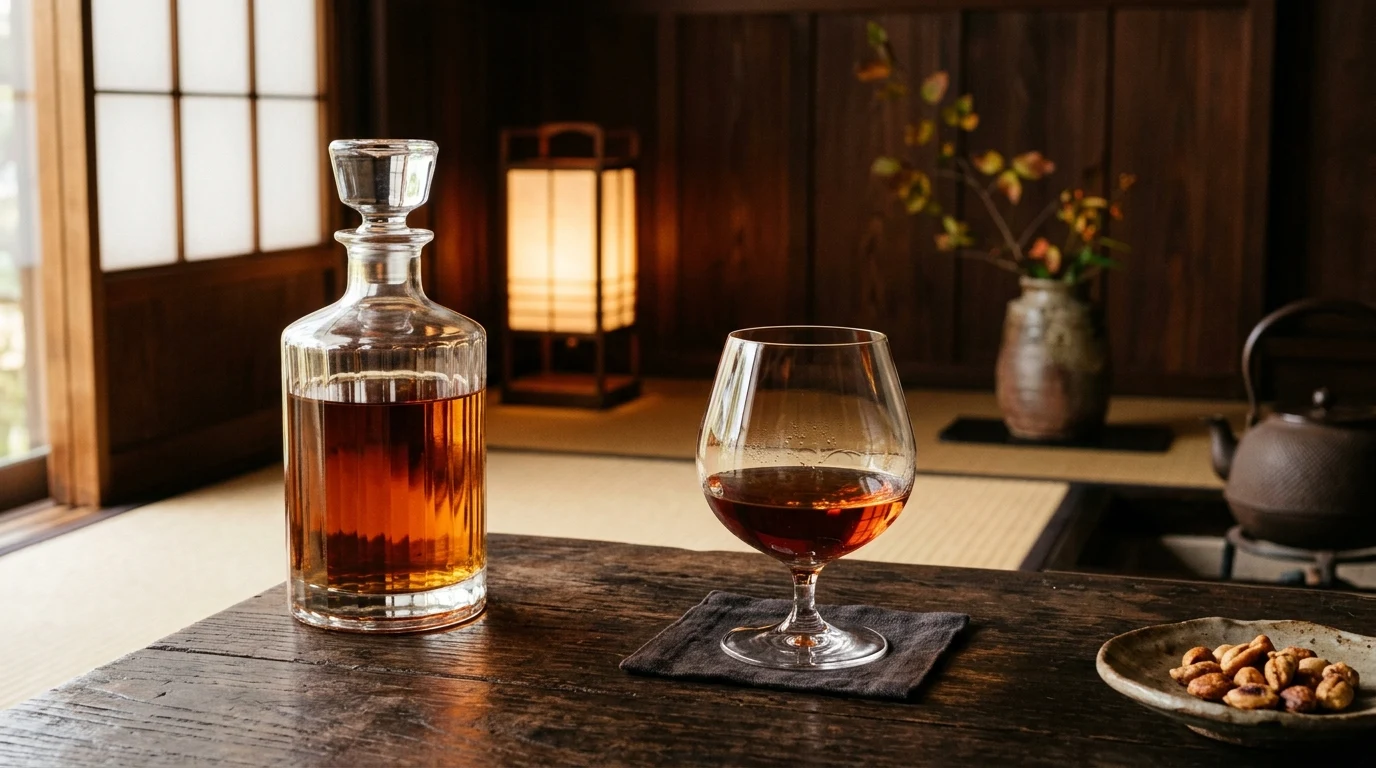 Japanese whisky decanter with reddish-amber whisky in a snifter on a wooden table (AI Generated Image)