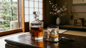 Hibiki Japanese Whisky: Complete Guide, Bottle Expressions & Harmony Review 2 Faceted glass decanter of amber Japanese whisky with traditional carved ice sphere (AI Generated Image)