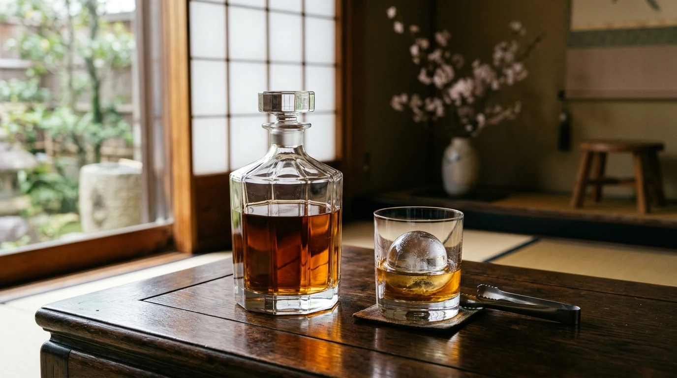 Faceted glass decanter of amber Japanese whisky with traditional carved ice sphere (AI Generated Image)