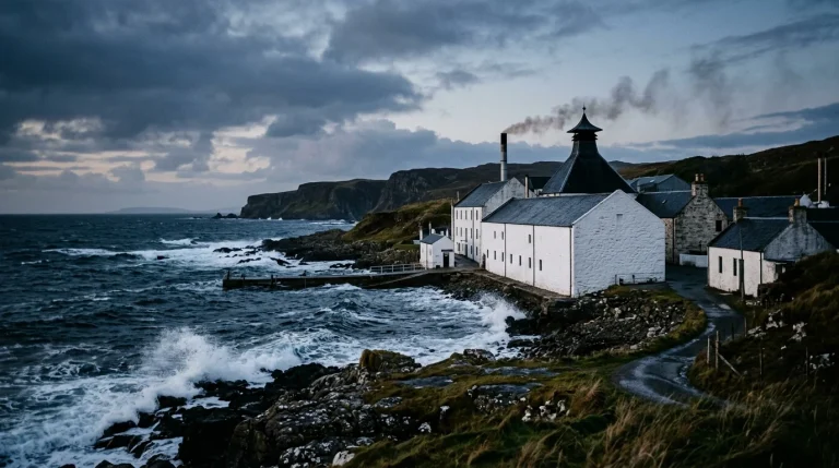 Laphroaig Islay Single Malt Scotch: The Definitive Peated Whisky Guide 1 Rugged coastal distillery on the island of Islay Scotland facing wild Atlantic ocean waves (AI Generated Image)