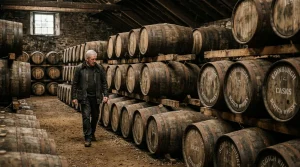 What Company Distributes Johnnie Walker Near Edinburgh? The Global Scotch Giant Revealed 3 Traditional Scottish Scotch whisky maturation warehouse with rows of oak barrels near Edinburgh (AI Generated Image)