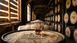 Kentucky bourbon rickhouse with charred oak barrels and a glass of amber whiskey (AI Generated Image)