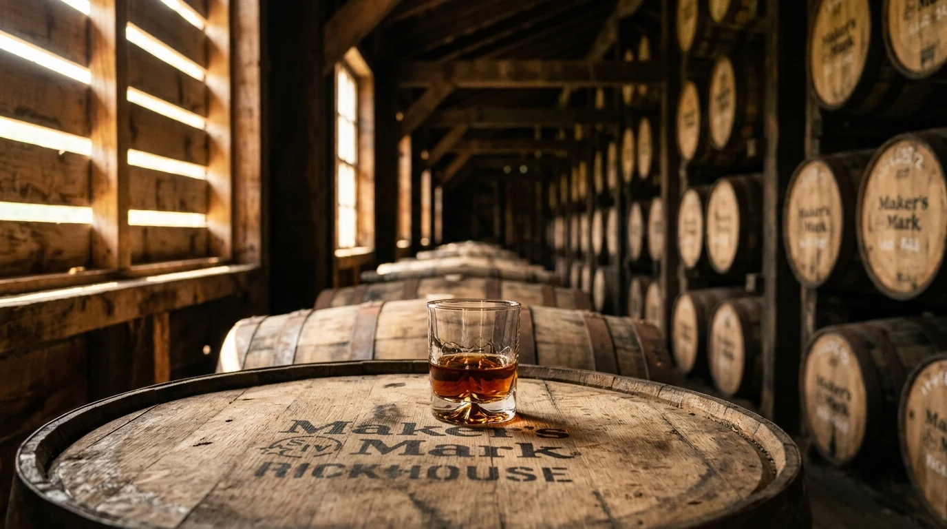 Kentucky bourbon rickhouse with charred oak barrels and a glass of amber whiskey (AI Generated Image)