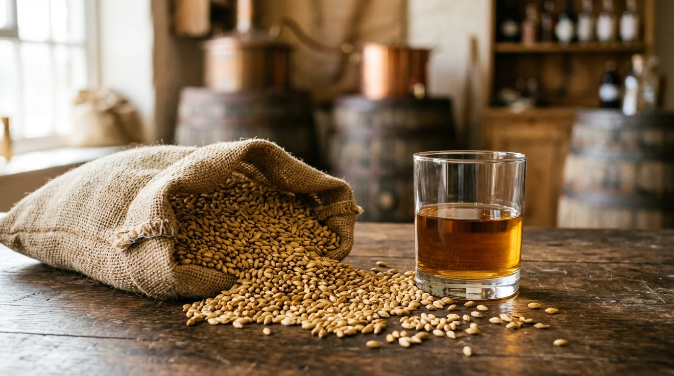 Golden malted barley grains spilling from hessian sack next to a glass of clear amber malt drink (AI Generated Image)
